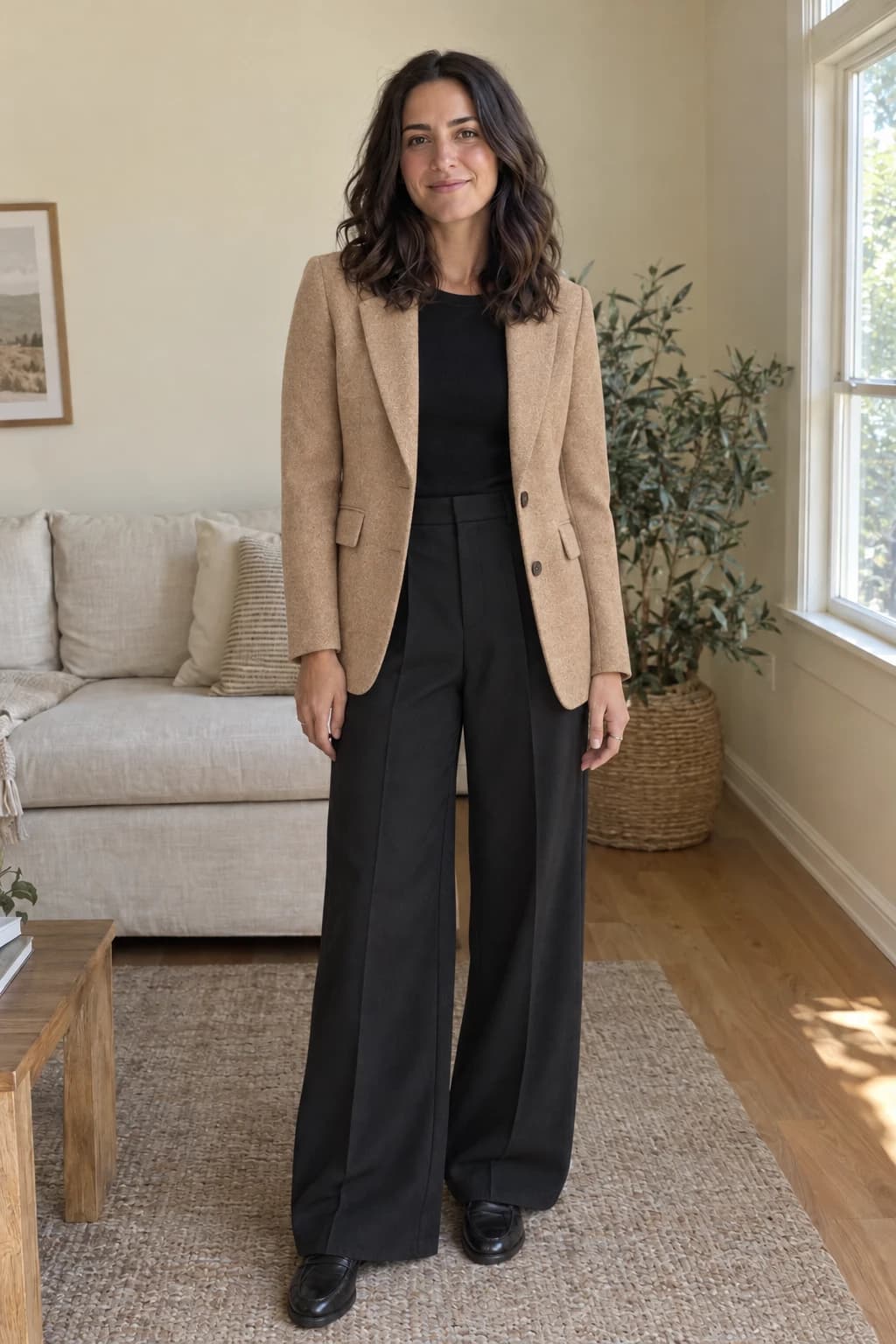The same photo, wearing the store’s blazer, knit, trousers and loafers